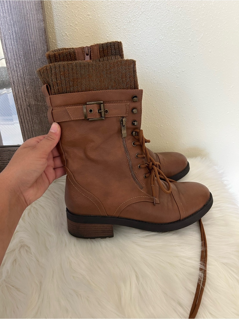 Women's Tan Lace-Up Mid-Calf Boots with Knit Cuff